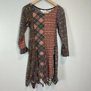 Sacred Threads Long Sleeve Dress Muted Mixed Print Zig Zag Hemline Size Medium